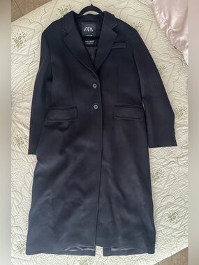 Zara Black Long Single-Breasted Wool Coat